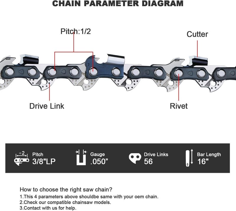 V-MODEST 3-Pack 16 Inch Chainsaw Chains, 56 Drive Links, 3/8"LP, .050" Gauge, Replacement Chain Fits Oregon CS1400 Craftsman CMECS600 S1600 Greenworks CS60L02 - Image 3